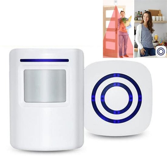 1-delige set - draadloos toegangsalarm - toegangsmelder - 1 plug-in ontvanger en 1 belsignaal - entreemelder - deurbel met bewegingsmelder - weerbestendig - voor winkels & woonhuizen (wit)