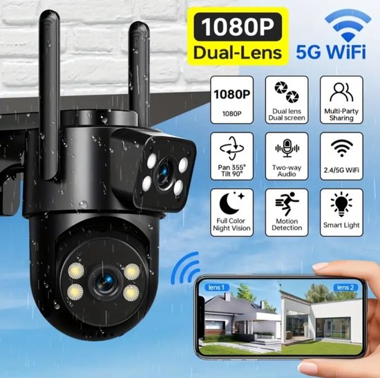 1080P Dual-Lens Beveiligingscamera – WiFi 2.4/5GHz – Kleur Nachtzicht – IP65 Weerbestendig – Bewegingdetectie – Twee-weg Audio. (Kleur Zwart) van Merkloos