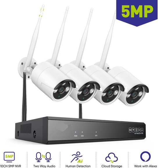 10CH 5MP Draadloos Beveiligingssysteem - Buiten Camera met Nachtzicht - Beveiligingssysteem - WiFi IP Camera’s - AI Bewegingsdetectie - Ingebouwde Microfoon - IP66 Weerbestendige Camera van Sannce