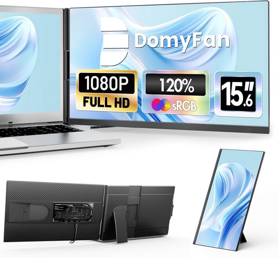 15,6-inch Draagbare Externe Laptop Monitor 1080p FHD IPS Scherm - 120% sRGB - HDMI, USB-A & Type-C Aansluiting - Plug & Play voor Windows, Mac & Android van Merkloos
