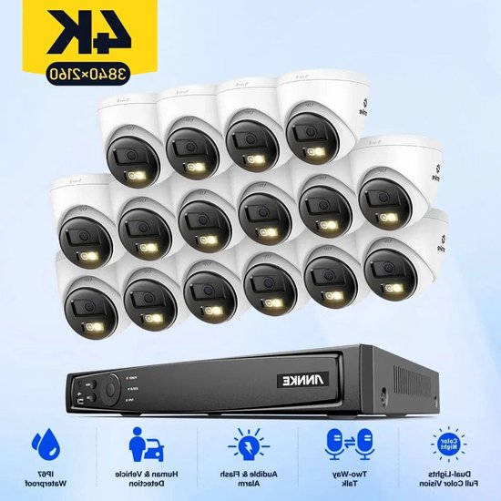 16-Kanaals 4K Cctv Bewakingsset – Beveiligingscamera – Videobewaking – Surveillance Systeem – Poe Camerasysteem – 16 Camera’s Met 8MP Resolutie – Tweeweg Audio en Smart Dual-Light Functie van Merkloos