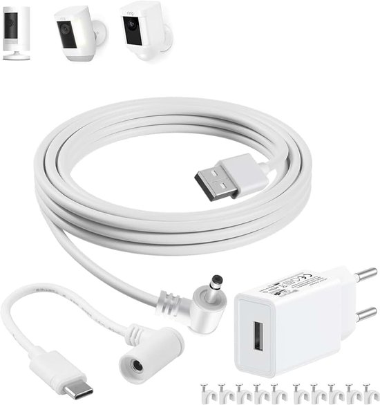 16,4ft/5m weerbestendige stroomkabel & voedingsset voor Ring Spotlight Cam Plus/Pro, Stick Up Cam accu (3e/2e generatie), Ring Tilt Indoor Cam, oplaadkabel met 5V 2A USB-adapter, wit