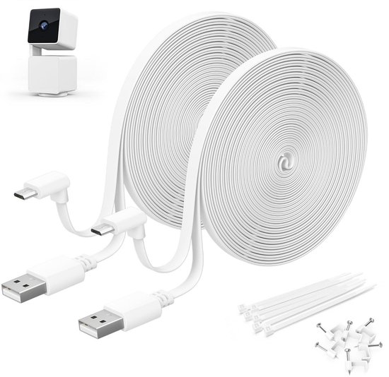 2-Pack 6M Platte Micro USB Verlengkabel Wit met 90 Graden L-vormige Stekker voor Buiten Beveiligingscamera van Merkloos