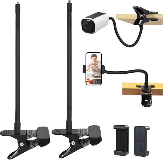 2 Pack Camera Houder voor Eufy Cam 2/2C/2Pro/2C Pro/3/3C/E40/SoloCam S220/C210/Tapo TP-Link C425/Ring Indoor Cam met 2 Clips voor Telefoonhouder - Universele Metalen Klemhouder - Cameratoebehoren van Merkloos