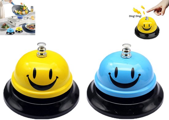 2 stuks - Belletje voor de serveerder - Bestelbel - Restaurantbel - Bel om op te roepen - Geel + blauw - Bel om op te roepen - 85 mm - Roestvrijstalen tafelbel - Restaurantservicebel - Handbel met smiley-patroon