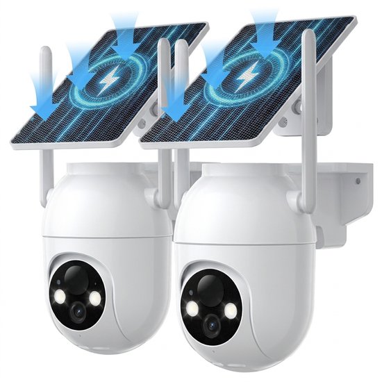 2 Stuks Konsoefuly Draadloze Beveiligingscamera 2K HD - Op zonne-energie werkend - Geen abonnement - Buitencamera met kleurennachtzicht - Bewakingscamera voor Buiten 360° PTZ - Beveiligingscamera Met WiFi en App
