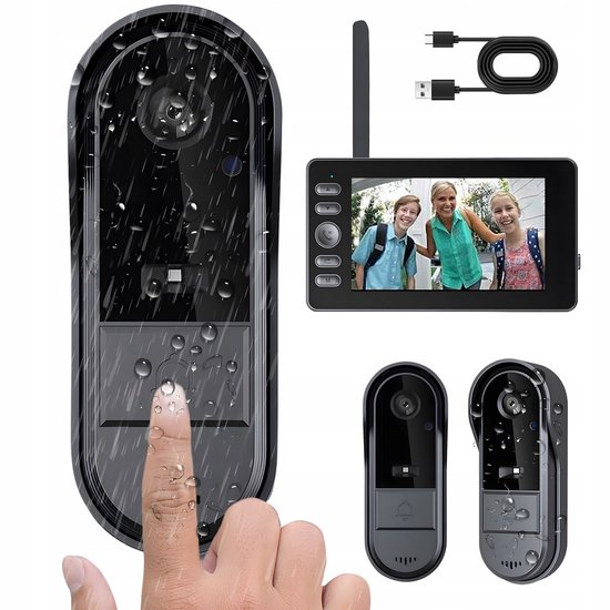 2,4 GHz Deurbel - Videodeurbel - Draadloze Deurbel met Camera 1080P - Tweewegs realtime intercom - Lokale opname & lange standby-tijd - Zwart - 170° Groothoek & IP65 - Met 4.3" Scherm & 2 Batterijen van Merkloos