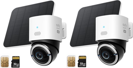 2*eufy 4G LTE S330 Camera - met WiFi - 4K Pan&Tilt - Volkomen draadloos met zonnepaneel - AI Tracking en 4G verbinding met simkaart van Eufy