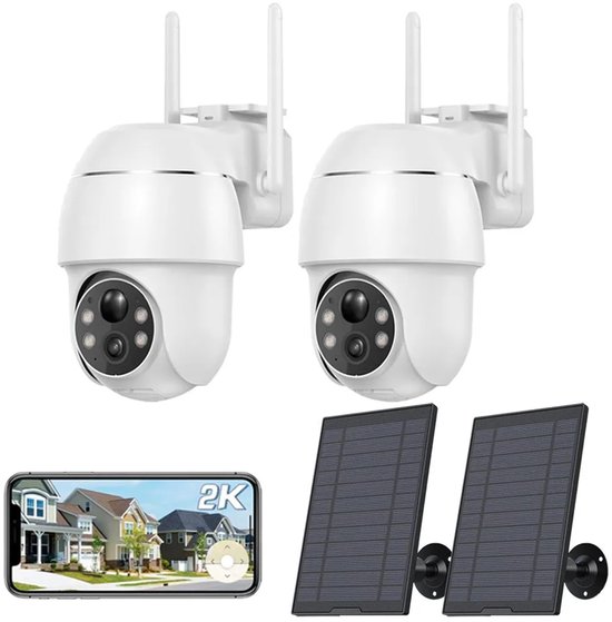 2K zonne-energie bewakingscamera voor buiten, 355°/90° draaibaar, buitencamera, accu, kleuren-nachtzicht, personen-/bewegingsdetectie, draadloze WLAN IP-camera 2pcs
