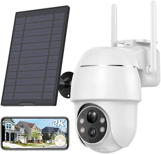 2K zonne-energie bewakingscamera voor buiten, 355°/90° draaibaar, buitencamera, accu, kleuren-nachtzicht, personen-/bewegingsdetectie, draadloze WLAN IP-camera