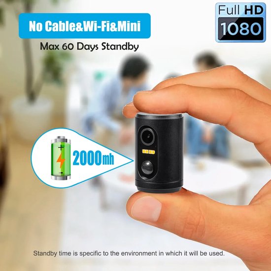 2MP Mini Draadloze Beveiligingscamera met Batterij en 8GB SD Kaart - Wifi IP Camera met Bewegingsmelder, PIR Sensor, Nachtzicht en HD Opname - Draadloze Binnenhuis Camera met Lange Standby Tijd van Smartwares