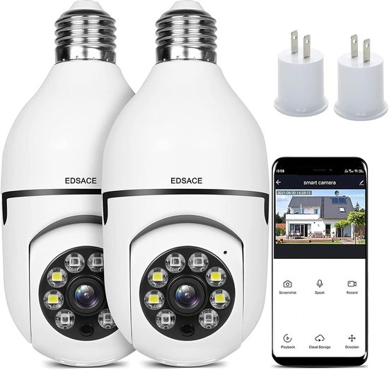 2x Slimme Wifi Camera in Lichtbol, 5G Dual Band, 360° Panoramabeeld