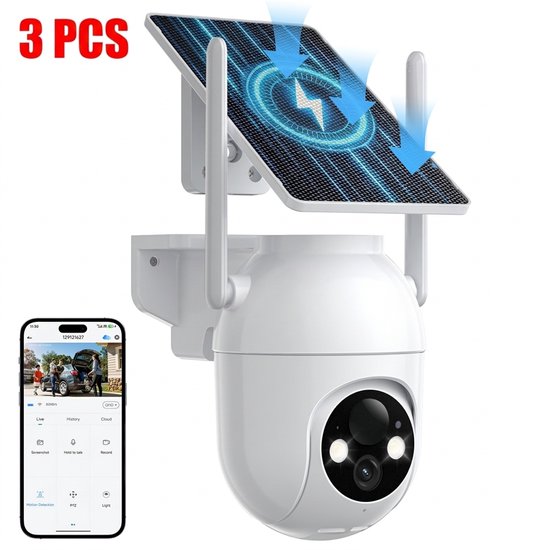 3 Stuks Konsoefuly Draadloze Beveiligingscamera 2K HD - Op zonne-energie werkend - Geen abonnement - Buitencamera met kleurennachtzicht - Bewakingscamera voor Buiten 360° PTZ - Beveiligingscamera Met WiFi en App