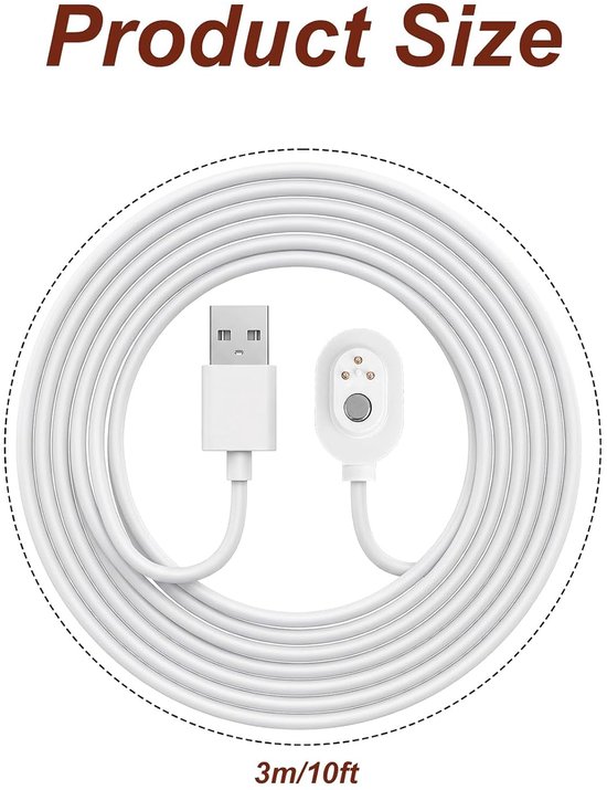 3m Magnetische Oplaadkabel voor Arlo Camera, Waterdichte Buiten USB-A Stroomkabel Vervanging Compatibel met Arlo Pro 5S 2K 4 3 Ultra 2 Schijnwerper Go 2 Beveiligingscamera's (Wit)