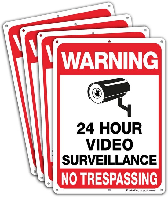 4-Pack Videobewaking Bord - Reflectief Waarschuwingsbord Metaal voor Binnen en Buiten van Merkloos