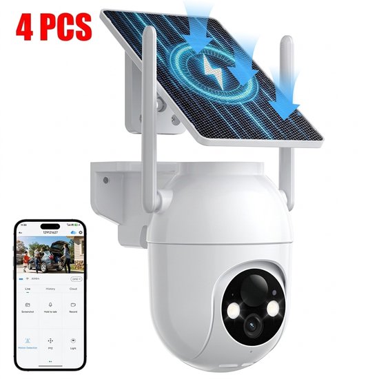 4 Stuks Konsoefuly Draadloze Beveiligingscamera 2K HD - Op zonne-energie werkend - Geen abonnement - Buitencamera met kleurennachtzicht - Bewakingscamera voor Buiten 360° PTZ - Beveiligingscamera Met WiFi en App