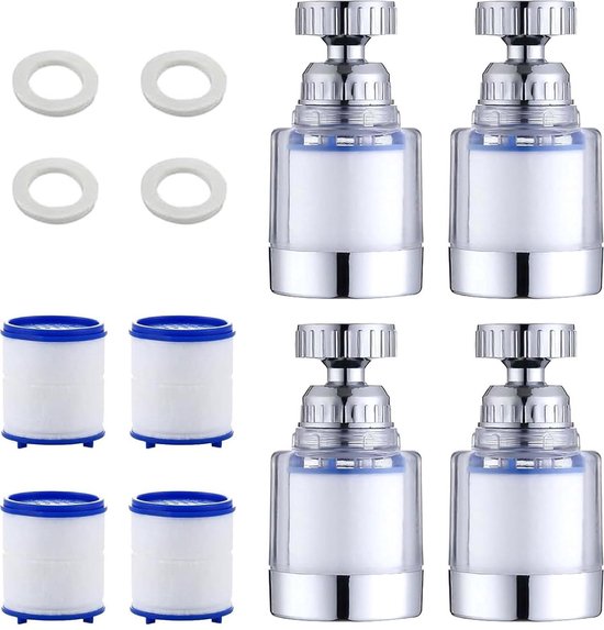 4 stuks Waterfilter ontkalker kraan - draaibare waterkraan filter - transparant - voor keuken thuis badkamer gootsteen