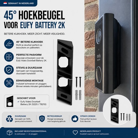 45° Hoekbeugel voor Eufy Video Doorbell 2K Battery - Batterij versie (S220 / T8210) - Wig Montagebeugel - Inclusief Bevestigingsmateriaal - Zwart