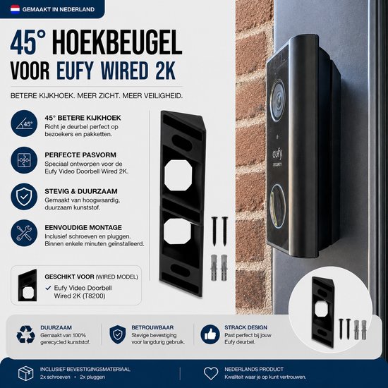 45° Hoekbeugel voor Eufy Video Doorbell 2K Wired - Bedraad (T8200) - Wig Montagebeugel - Inclusief Bevestigingsmateriaal - Zwart