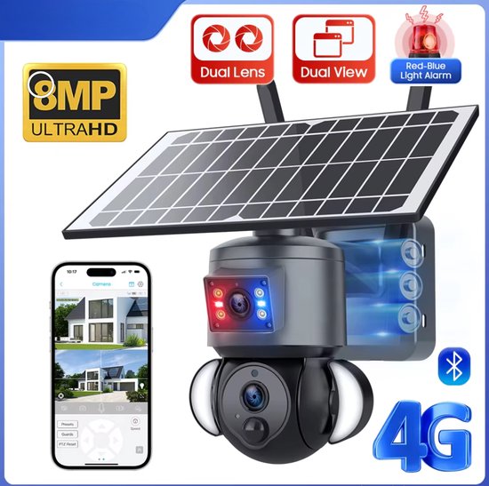 4G 4K Solar Camera - Geen wifi nodig - incl. 64gb SD kaart - Nachtzicht - Zonnepaneel - Draadloze beveiligingscamera - Securitycamera - 360 graden van Merkloos