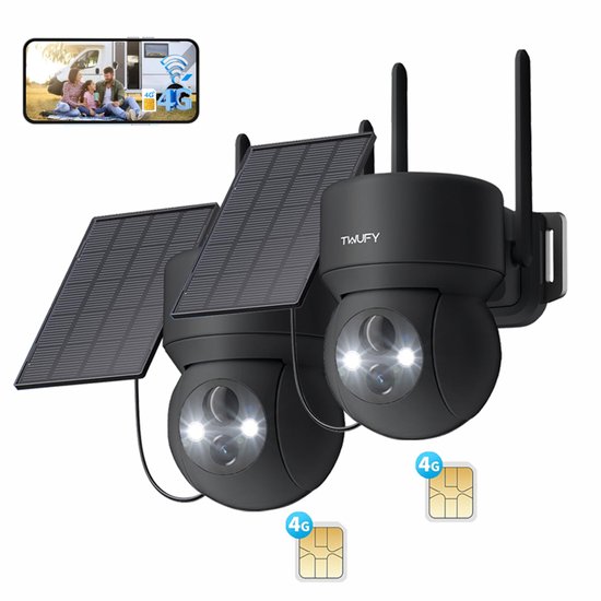 4G LTE Bewakingscamera Buiten 2K met SIM-kaart - Solar Beveiligingscamera met Accu, Zonder WiFi, 336°/90° Draaibaar 2pcs