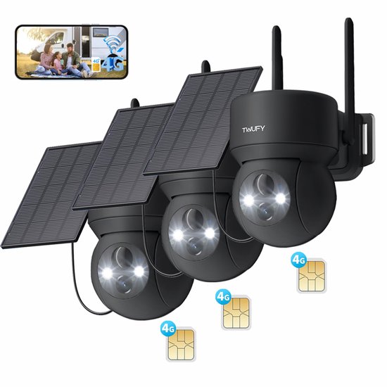 4G LTE Bewakingscamera Buiten 2K met SIM-kaart - Solar Beveiligingscamera met Accu, Zonder WiFi, 336°/90° Draaibaar 3pcs