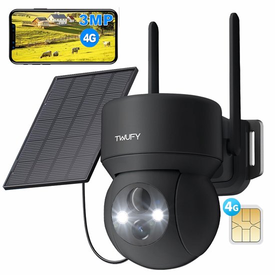 4G LTE Bewakingscamera Buiten 2K met SIM-kaart - Solar Beveiligingscamera met Accu, Zonder WiFi, 336°/90° Draaibaar