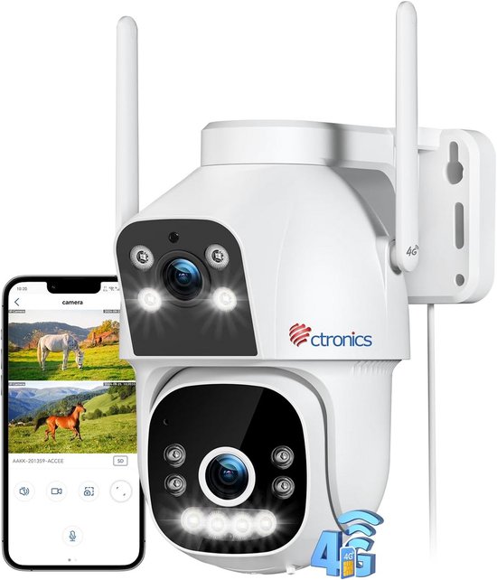 4G LTE bewakingscamera met simkaart voor buiten - Dubbele lenskoppeling, PTZ-camera, Outdoor, 4G, KI-detectie, 25 m nachtzicht, 2-weg audio, simkaart bevat alarm/PC/24 x 7/IP66 van Merkloos