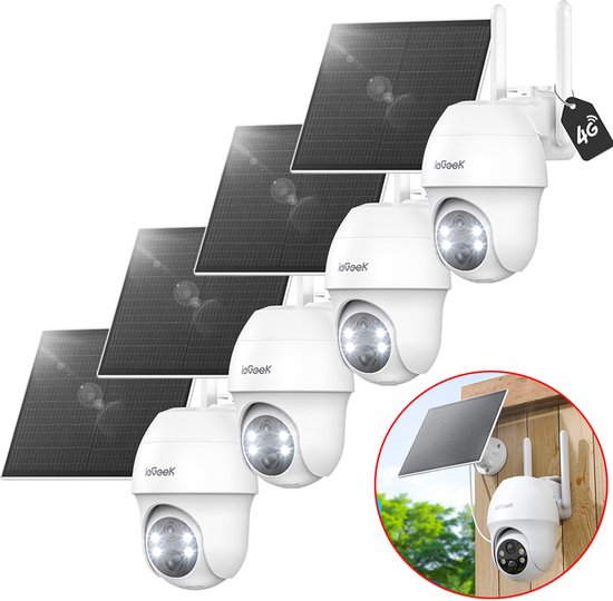4G LTE Bewakingscamera - Solar Buiten met SIM-kaart - 2K Ultra HD, Nachtzicht, Bewegingsdetectie, IP65, 360° Draaibaar - Geen WiFi Nodig - kleuren nachtzicht - bewegingsdetectie - Incl. Zonnepaneel - Voor Tuin, Erf & Bedrijf - 4 stuks