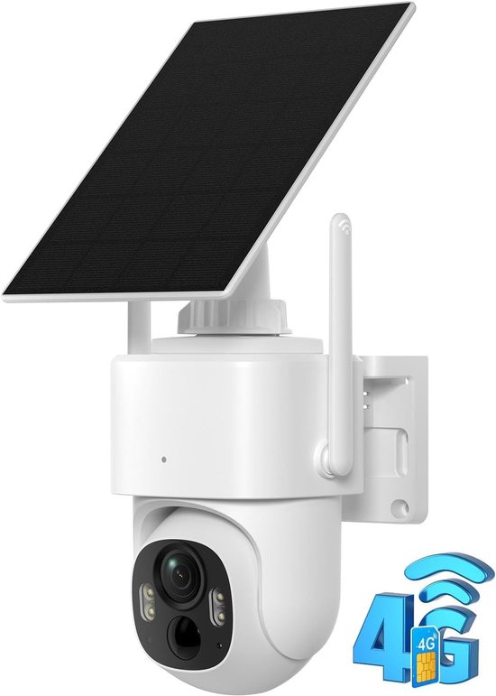 4G LTE bewakingscamera voor buiten, zonne-energie, 2K 3MP HD, 360° PTZ outdoor camera zonne-accu zonder wifi met nachtzicht in kleur, AI-detectie, lokale en cloud-opslag