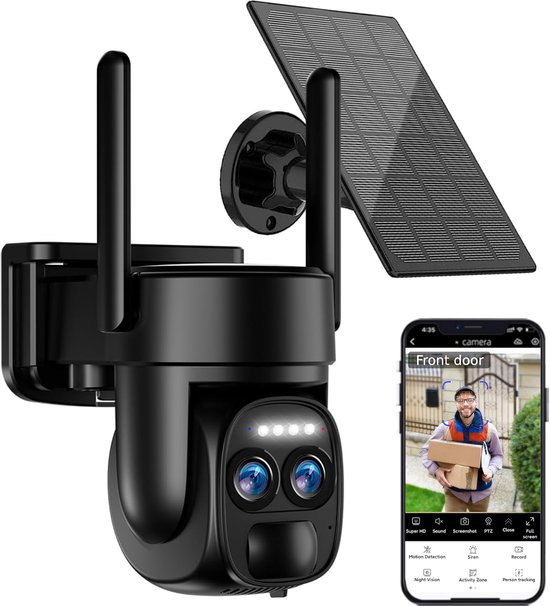 4K-beveiligingscamera op zonne-energie voor buiten, 5G/2.4G WiFi PTZ-camera, op batterijen, 360°-beeldbeveiligingssysteem voor thuis, met kleurennachtzicht/PIR-sensor/automatische tracking. van Merkloos