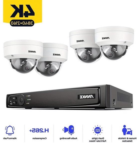4K Beveiligingscamera Set – IP Camera Beveiliging – PoE Camera Systeem – Surveillance Kit – 8MP Camera Set Zonder HDD – Personen- en Voertuigdetectie – Kleurennachtzicht & IR Tot 30 Meter