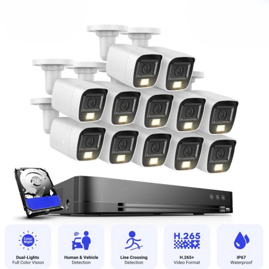 4K Beveiligingscamera Systeem – CCTV Systeem – Surveillance Kit – Camera Set – 16-kanaals - DVR Recorder – 8x 4K 8MP Camera’s – IP67 Weerbestendig – Smart Nachtzicht 2TB van Merkloos