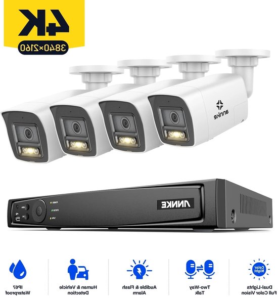 4K Beveiligingsset – Videobewaking – CCTV Systeem – IP Camera Set – Beveiligingscamera’s – 4 Camera’s Met 8-Kanaals NVR – Two-Way Audio – Smart Dual Light Nachtzicht van Merkloos