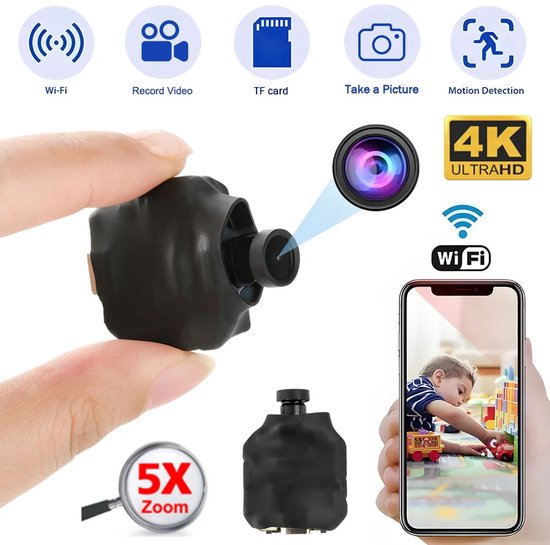 4K Draadloze Mini Beveiligingscamera voor Thuis – Verborgen Spycam met Wifi, Bewegingsdetectie, Nachtzicht, Live View,Nanny Cam – Kleine IP Camera voor Binnen en Buiten van Merkloos
