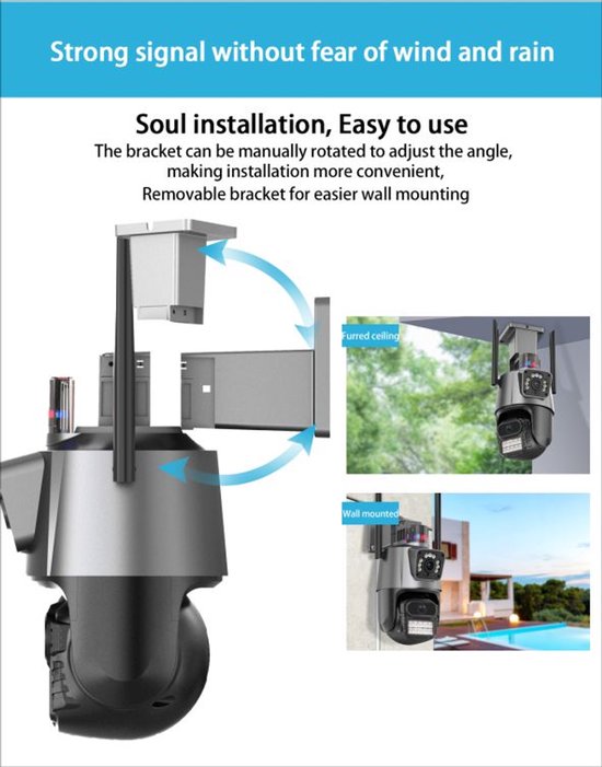 4K Dual-Lens Beveiligingscamera – 360° Draaibaar Panoramisch Zicht, Ultra-HD Nachtzicht, Bewegingsdetectie met Alarm, WiFi & Bekabelde Stroomvoorziening, Waterdicht IP66 van Tech24 