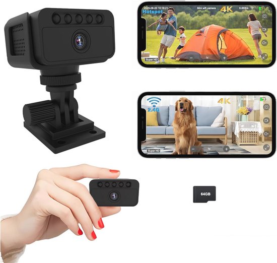 4K Mini Spy Camera met Nachtzicht en 64GB Geheugen - Draadloze Verbeterde Beveiligingscamera voor Binnen en Buiten van Merkloos