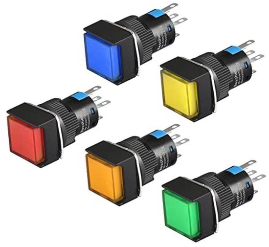5 Stuks 16 mm Vierkante Drukknopschakelaars met LED-lamp in Rood, Blauw, Groen, Geel en Oranje