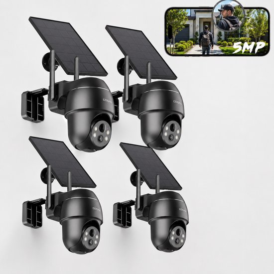 5MP Solar Beveiligingscamera Buiten met Accu, PTZ WiFi IP Camera, Kleurennachtzicht, PIR Persoonsdetectie, Tweeweg Audio, IP66 4pcs