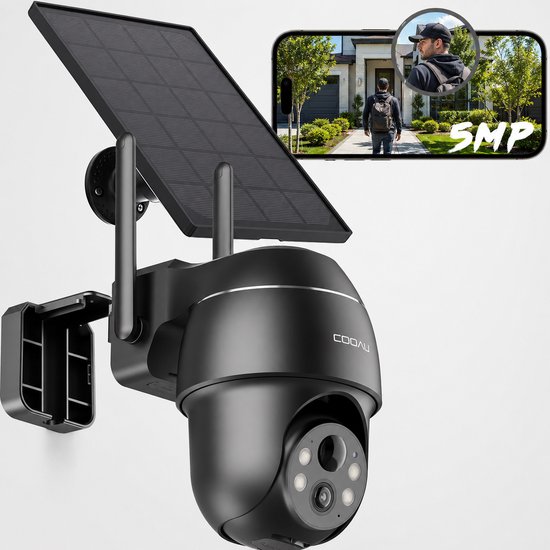 5MP Solar Beveiligingscamera Buiten met Accu, PTZ WiFi IP Camera, Kleurennachtzicht, PIR Persoonsdetectie, Tweeweg Audio, IP66