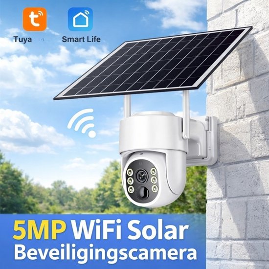 5MP Wifi Solar Beveiligingscamera Buiten – Draadloos met Zonnepaneel – 360° PTZ – Kleur Nachtzicht – Bewegingsdetectie – IP65 Waterdicht – Tuya Smart – Batterij Camera Outdoor van Merkloos