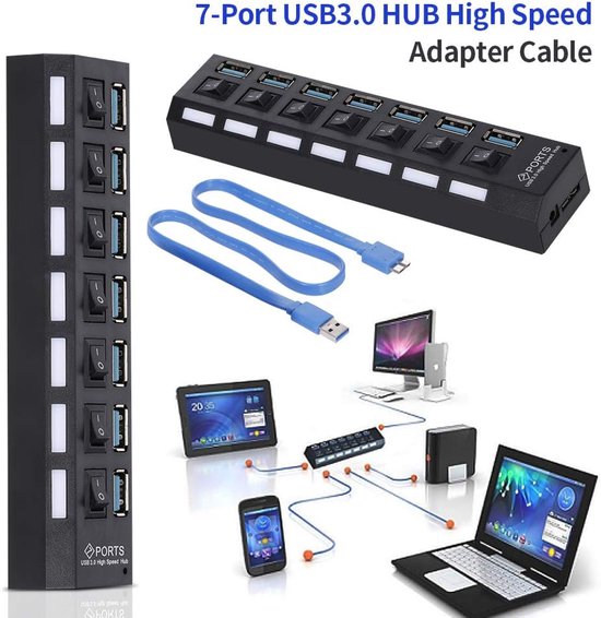 7-poorts USB HUB - USB Splitter Expander - Extra poorten creëren - Individuele AAN/UIT schakelaars - 16.5 cm - Zwart