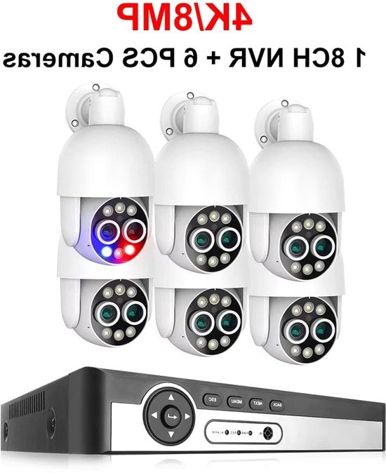8-Kanaals 8MP Beveiligingscamera Set – Camerasysteem – Surveillance Kamera – CCTV Set – Bewakingscamera – PTZ Met AI Detectie – Kleurennachtzicht & Tweeweg Audio - 6 Stuks - 4TB