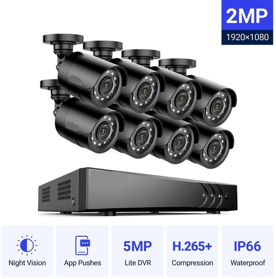 8-Kanaals Beveiligingscamera Set – HD Camera Set – Bewakingscamera – Nachtzicht Camera – Weersbestendig – 1080p Full HD – 6TB Opslag - Ingebouwde HDD: Geen van Merkloos