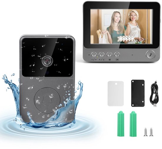 AALVERO - Videodeurbel - Deurintercom - IP65 - 170 ° Kijkhoek - Nachtzicht - 6 Beltonen - 4,3 inch - 640 x 480 - TF-kaart - Zwart