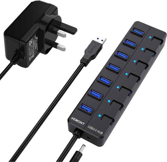 Aangedreven USB 3.0 Hub met 7 Poorten en Individuele Aan/Uit Schakelaars van Merkloos