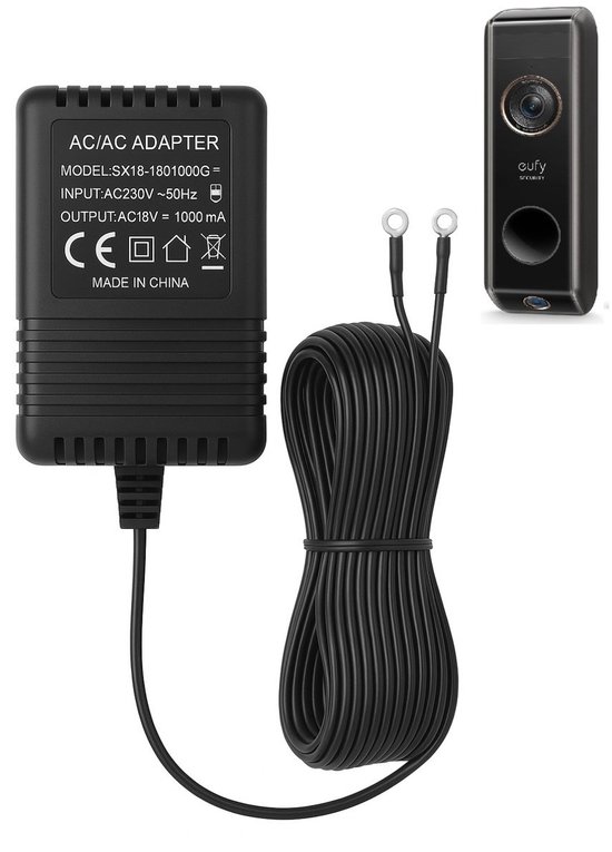 Adapter geschikt voor Eufy Deurbel - Beltransformator 18V - AC/AC Voeding voor Videodeurbel - Deurbel Transformator - 18V 1A (18VA) - 8 Meter Kabel - Universele Doorbell Adapter - Stroomadapter