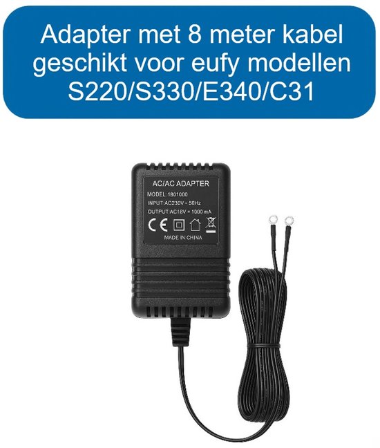 Adapter speciaal voor eufy deurbellen - AC18V 1A - geschikt voor S220/S330/E340/C31 - 8 meter kabel - hoge kwaliteit - werkt gegarandeerd van Merkloos