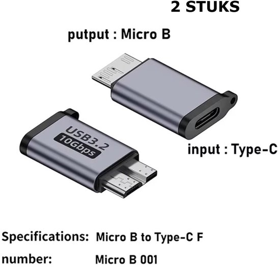 Adapter USB C naar Micro B (2 stuks); USB 3.0 kabel 10 Gbps voor USB C harde schijf; compatibel met Toshiba; HDD; Seagate; WD; Galaxy S5 Note 3; HDD enz.
