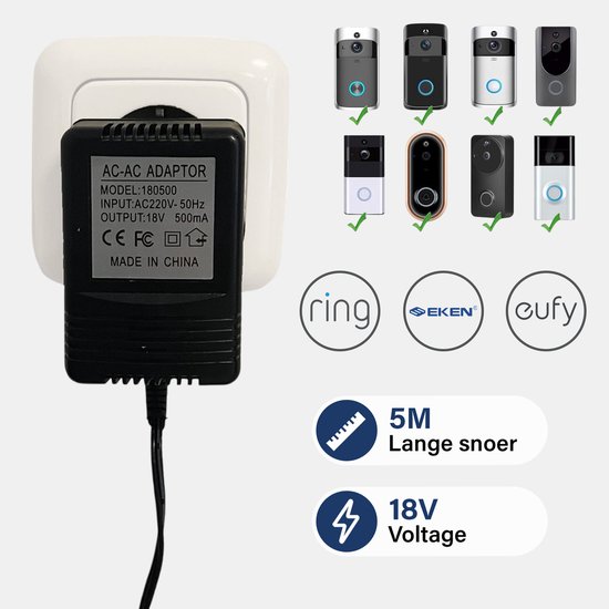 Adapter voor Ring, Eufy, Nest & EKEN Video Deurbel - 18V Voedingsadapter - 5 Meter - Universele Voeding voor Stopcontact - Nooit meer batterijen opladen